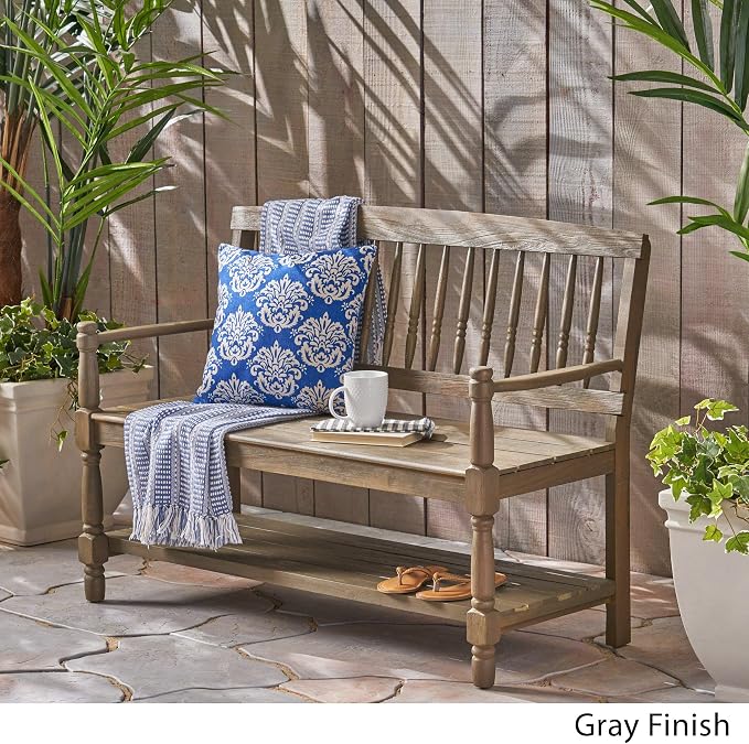 Christopher Knight Home Great Deal Furniture Christopher Knight Home Cody Outdoor Acacia Wood Bench with Shelf, Gray Finish