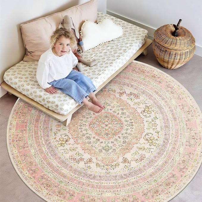 Round Area Rugs 6ft Washable,Pink Rug for Living Room Bedroom | Circle Boho Vintage Bohemian Distressed Farmhouse Carpet Non Slip for Dining Room,Blush Floral
