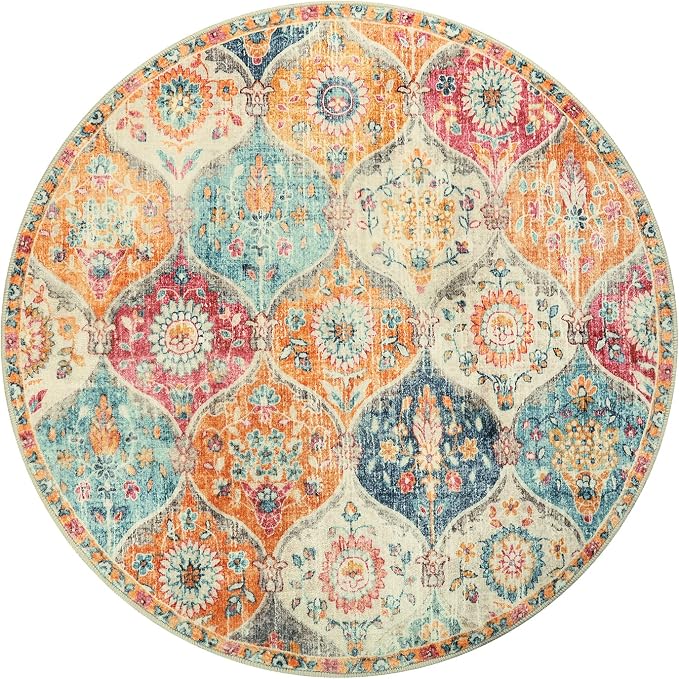 Lahome Moroccan Washable Circle Rug, Soft Vintage Round Rug 4ft, Distress Round Carpet for Entryway Bathroom Kitchen Bedroom, Non Slip Low Pile Stain Resistant Elise, Burnt Orange