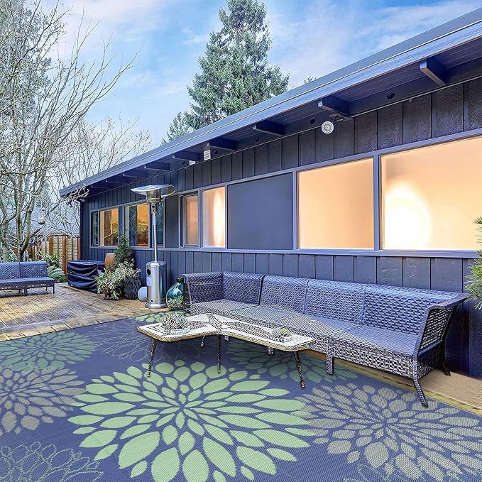 Ileading Waterproof Outdoor Rug 9x12, Reversible Plastic Straw Patio Rug, Portable Indoor Outdoor RV Camping Mat Carpet for Deck, Porch, Balcony, Backyard, Picnic, Floral Navy Blue