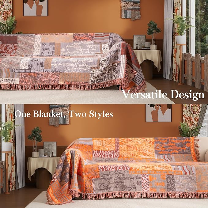 Phuryllic Boho Throw Blanket Twin Size, Soft Cozy Cotton Muslin Quilt Blanket for Bed Decor, Patchwork Block Couch Sofa Chair Cover, Vintage Farmhouse Cottage Tapestry Woven Blanket, Red&Orange