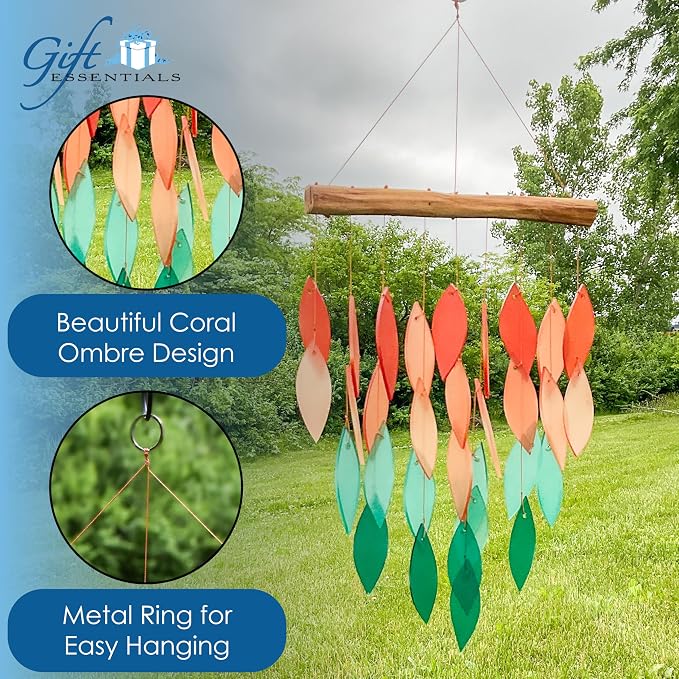 Blue Handworks Coral Ombre Waterfall Glass Wind Chime | Handcrafted Waterfall Glass Wind Chime with Ombre Gradient from Terracotta Coral and Blush Salmon to Soft Aqua and Deep Teal