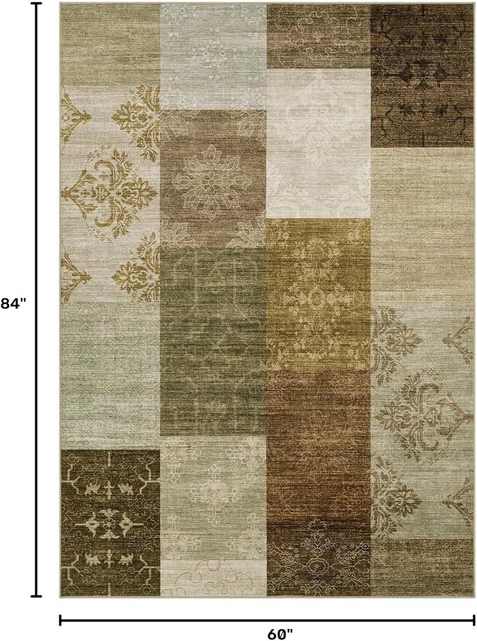 UERMEI 5x7 Area Rug for Living Room - Washable Neutral Modern Abstract Carpet, Non-Slip Soft Large Indoor Floor Rugs for Bedroom Home Office & Under Dining Table Decor, Brown/Green