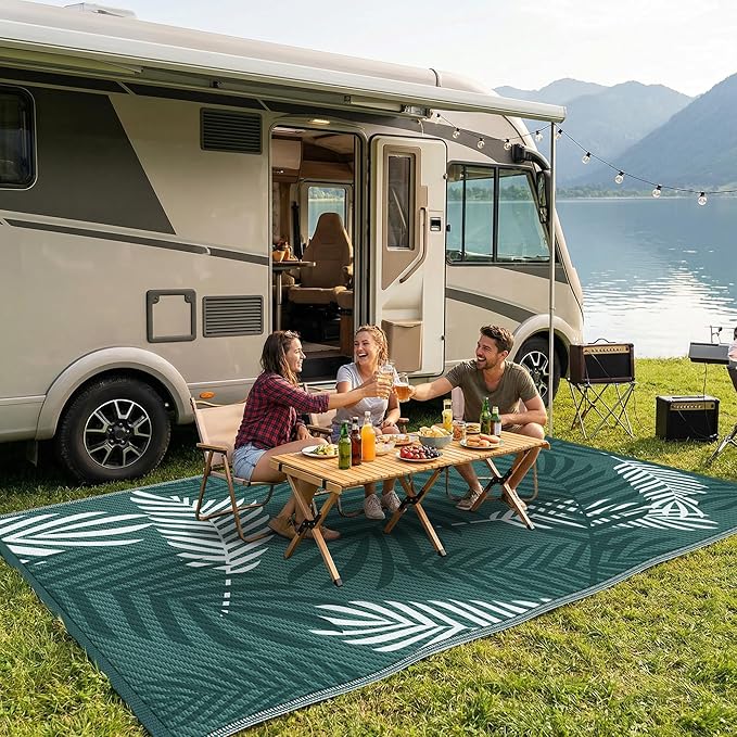 Kohree Outdoor Rug Waterproof 9x12, Reversible Outdoor Plastic Straw Rug with Leaf Pattern, Easy-Cleaning RV Mat Carpet for Patio,Porch, Camping, Balcony, Deck, Backyard, Green