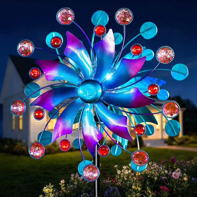 Solar Wind Spinner Outdoor - Metal Kinetic Wind Sculptures with Sparkling Jeweled Ornaments, Blue & Purple Gradient Dual-Direction Spinner, Solar LED Glass Ball Yard Art for Garden Patio Decor