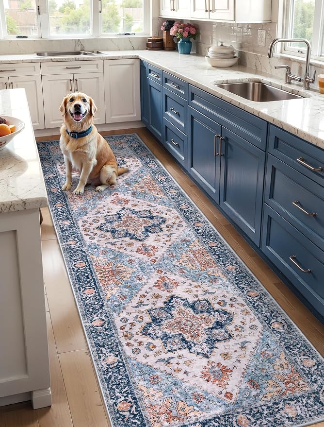 SERISSA 3x10 Washable Non Slip Boho Runner Rug for Hallway，Blue Orange | Ultra Soft Vintage Oriental Carpet Low-Pile Tribal Floor Carpet for Stair Kitchen Bedroom Bathroom Laundry Room