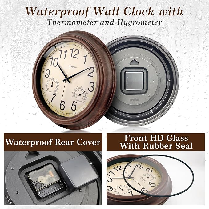 VIKMARI Indoor Outdoor Sealed Glass Clock Waterproof Silent Classic Quartz Clocks Thermometer and Hygrometer Combo Battery Operated Wall Clocks for Bathroom Patio Pool Wall Decor (12 Inch,Brown)