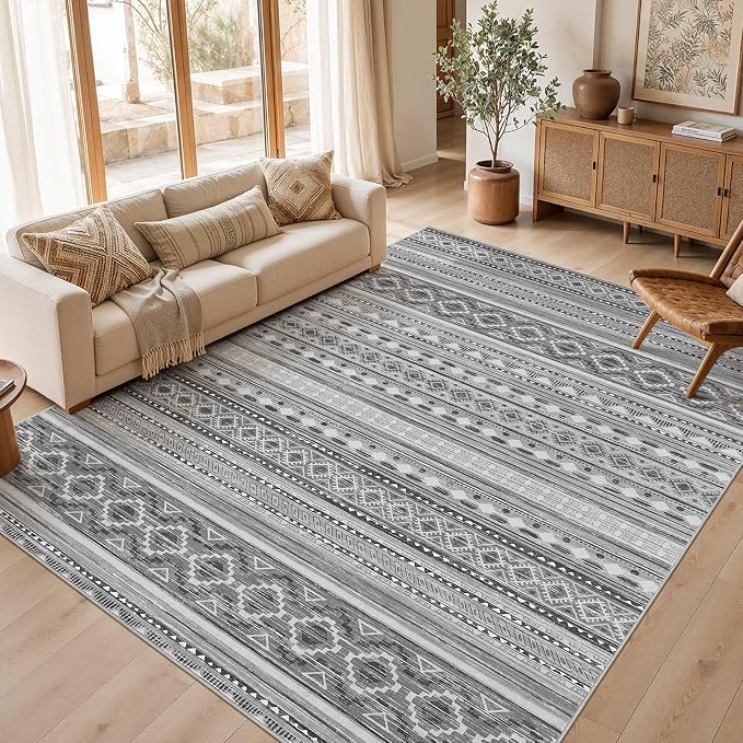 cotiled Boho 7x9 Area Rug for Living Room: Large Moroccan Washable Rug | Stain Resistan Indoor Carpet for Bedroom Dining Room Beige Grey