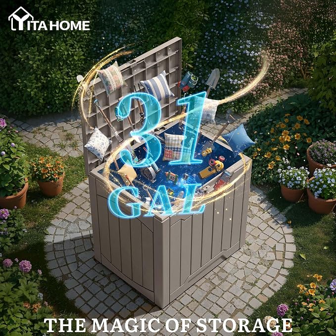 YITAHOME Outdoor Resin Storage Box 31 Gal | Water-resistant Patio Deck Box Outdoor Storage Box for Pillows, Garden Equipment, Securely Lockable, Light Brown