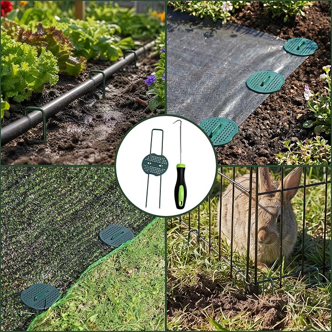 FEED GARDEN 6 Inch 50 Pcs Galvanized Landscape Staples 50 Pcs Gaskets Pick Hook Garden Stakes 11 Gauge Anti-Rust Landscaping Fabric SOD Pins U Shaped Yard Turf Stakes for Weed Barrier Fabric Green