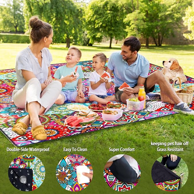 Picnic Blankets Beach Blanket 80" X 80" Extra Large Waterproof Camping Blankets Portable Outdoor Mat 3-Layer Blanket for Beach, Hiking, Park, Music Festival, Grass Lawn,Travel