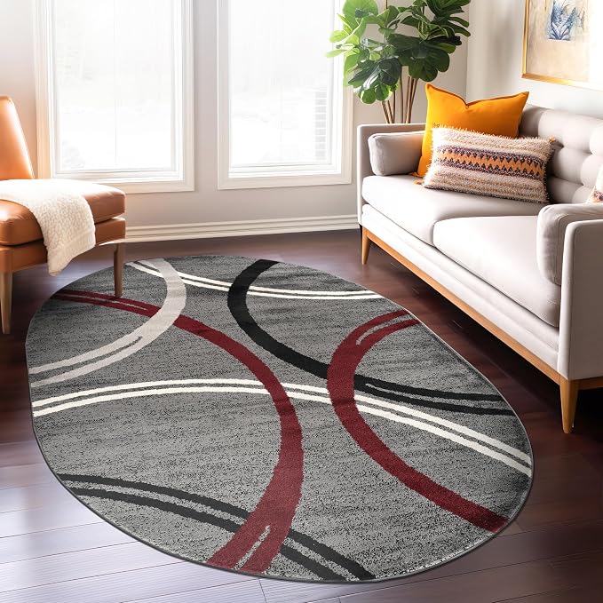Rugshop Wavy Circles Modern Non-Shedding Living Room Oval Rug Red 5' x 7' | Oval, Size 5' x 7', Bedroom, Dining Room, Home Office, Kitchen, Entryway, Hallway, Nursery, Kids Room, Guest Room