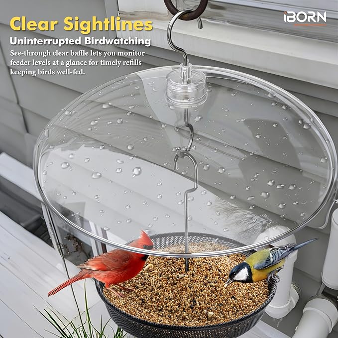 iBorn Hanging Bird Feeder Tray & Rainroof Cover, Bird Feeder Bowl with 13”Bird Feeder Cover for Rain Guard, Chew-Proof Polycarbonate & Thick Metal Hanger, Easy to Refill & Clean, Transparent & Black