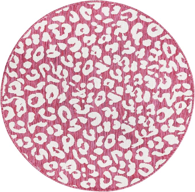 Unique Loom Outdoor Safari Collection Area Rug - Leopard (4' 1" Round, Magenta/ Ivory)