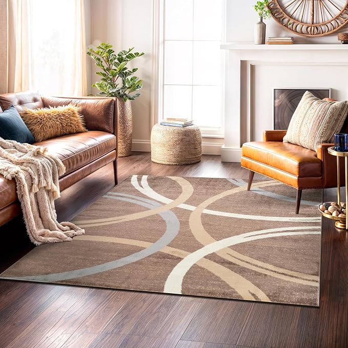 Rugshop Wavy Circles Modern Non-Shedding Square Rug Brown 6'6" x 6'6" | Square, Size 6'6" x 6'6", Living Room, Bedroom, Dining Room, Home Office, Kitchen, Entryway, Hallway, Nursery, Kids Room