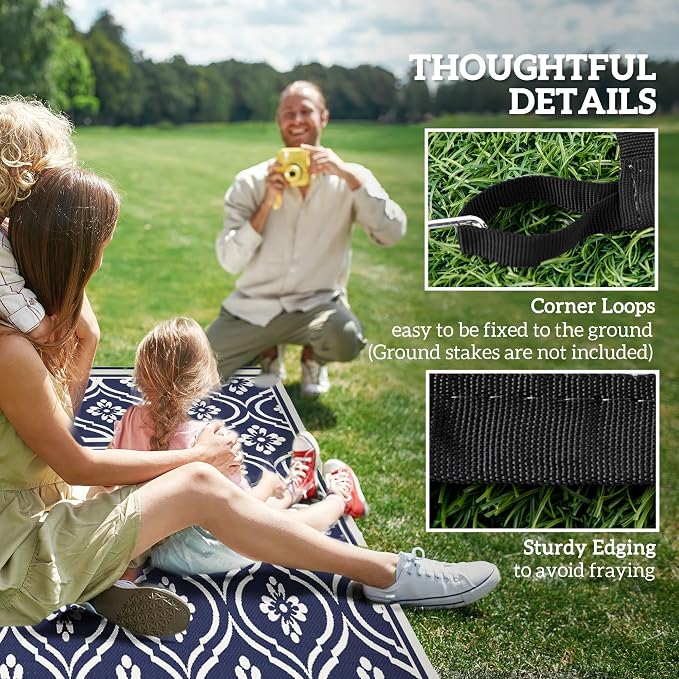 Outsunny Outdoor Rug for Patio, 9' x 12' Waterproof Large Mat, Reversible Plastic Straw Rug for Decor, Portable Outside RV Camping Area Carpet Mat for Backyard Porch Deck Picnic, Blue & White Gourd