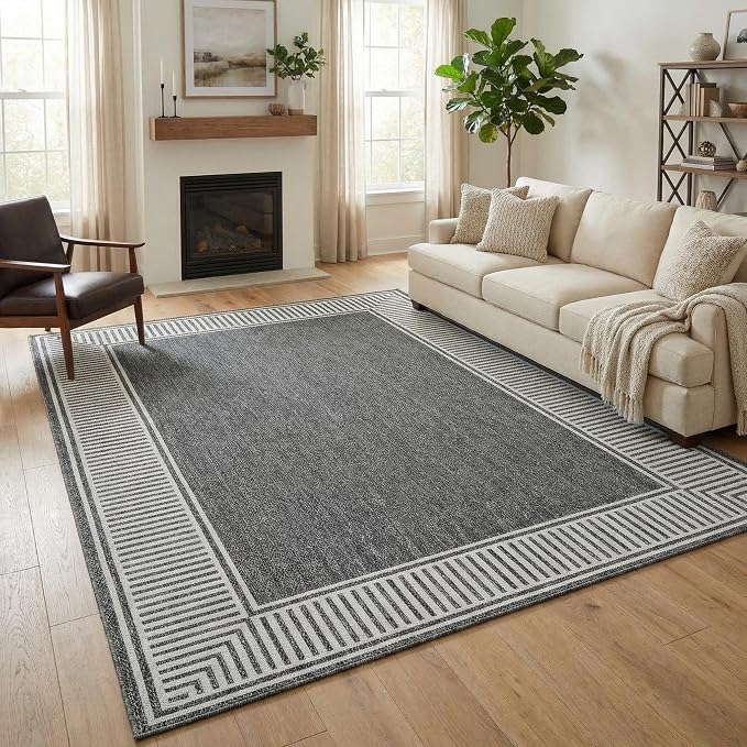 Garvee Large Washable Rug 9x12 Modern Bordered Living Room Rug Grey | Non Slip Soft Foldable Indoor Carpet Stain-Resistant Low Pile Floor Cover for Bedroom Nursery Office Dorm Kids Room Playroom