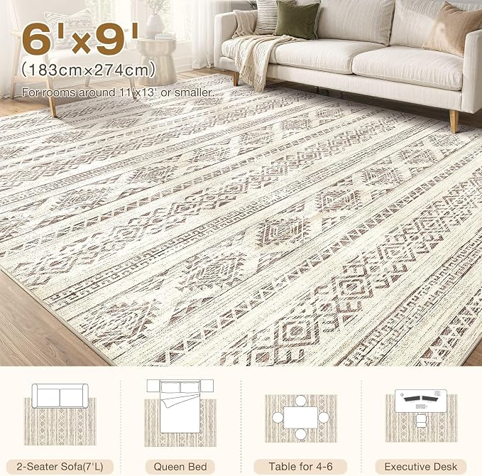 Tortania Area Rug Living Room Rugs - 6x9 Washable Large Soft Neutral Boho Moroccan Bohemian Farmhouse Rug Indoor Floor Carpet for Bedroom Under Dining Table Home Office Decor - Brown