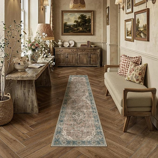 HUGEAR 2x6 Runner Rug Hallway Machine Washable Retro Blue Brown Vintage Floral Low Pile Carpet Distressed Long Throw Rug Bedroom Office Bathroom Kitchen Laundry Non Slip Soft Lightweight