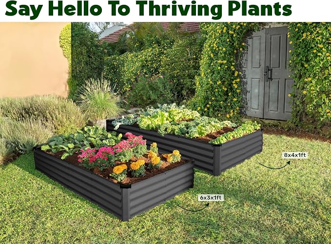 Plant & Plot Galvanized Raised Garden Beds Outdoor // 8×4×1 ft Planter Raised Beds for Gardening, Vegetables, Flowers // Large Metal Garden Box // Patented Tool-Free Design (Dark Gray)