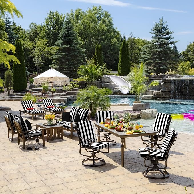 Arden Patio Dining Outdoor Chair Cushions, 20x44, Rain-Proof Seat Pad, Fade-Resistant Outdoor Cushion Black Cabana Stripe