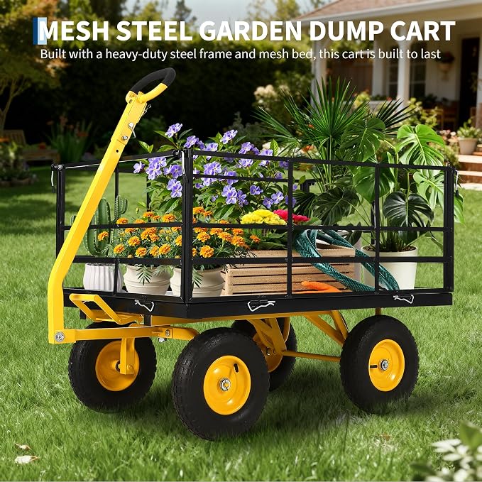 Garvee 1500 LB Garden Dump Cart with 13 in All Terrain Tires, 3-in-1 Yard Wagon Cart with Removable Side Panels, Heavy Duty Outdoor Metal Utility Wagon Yard Trailer for Outdoor Lawn, Yard, Backyard | 13 in All Terrain Tires, 3-in-1 Utility Yard Wagon C...