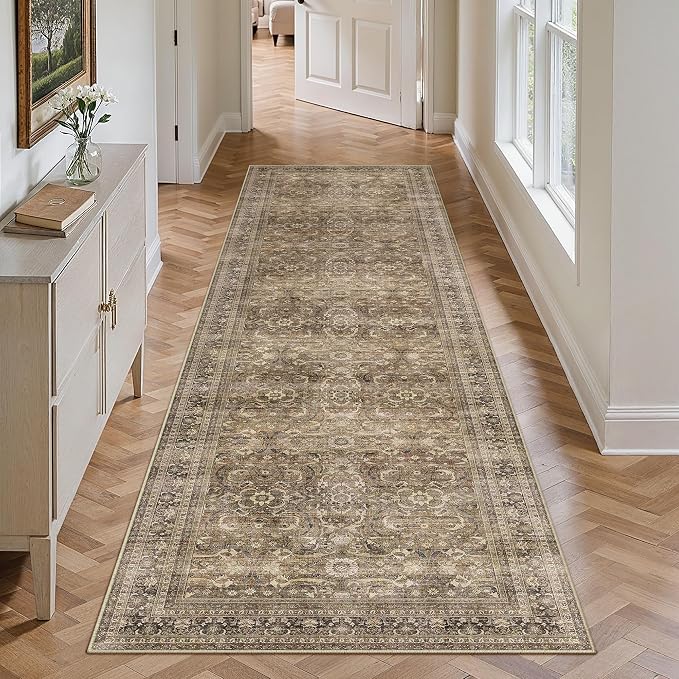 2'6''x8 Brown Vintage Distressed Washable Runner Rug for Hallway | Low Pile, Non Slip, Retro Style, Soft Distressed Hallway Runner Rug for Kitchen, Entryway, Laundry Room, Home Decor