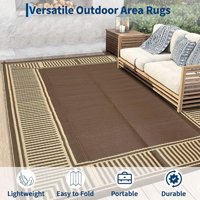 Garvee 8x10 Outdoor Rug Waterproof Plastic Straw Rug Outdoor Patio Rugs Reversible Mat Easy Clean Foldable Lightweight Large Area Rugs for Patio Porch Backyard Camping RV Beach Balcony Border Brown