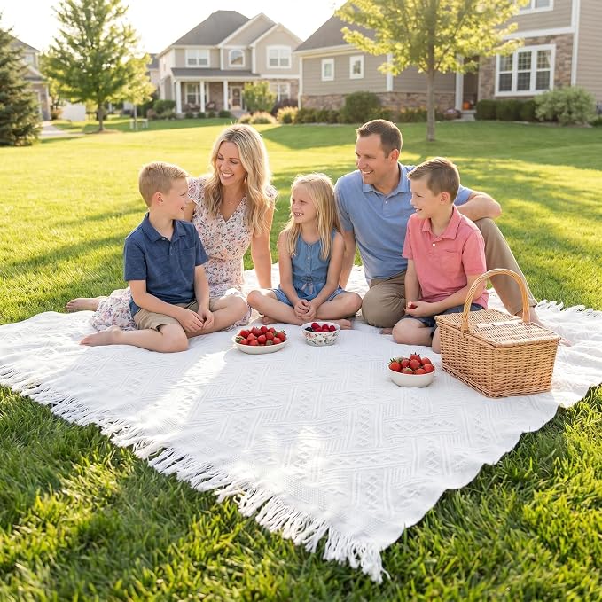 70x70 Bohemian Picnic Mat Extra Large, Sand Proof Outdoor Camping Blanket Machine Washable, Lightweight Portable Travel Tarp for 5-7 Adults Beach Park Grass (White-T-Grid)