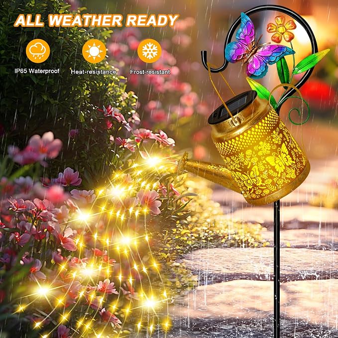 Butterfly Solar Watering Can Lights, Outdoor Waterproof Garden Lanterns with Shepherd Hook, Solar Garden Decor for Yard Outdoor Landscape Pathway, Gift for Women Mom Grandma Mothers Day Gifts, 2 Pack