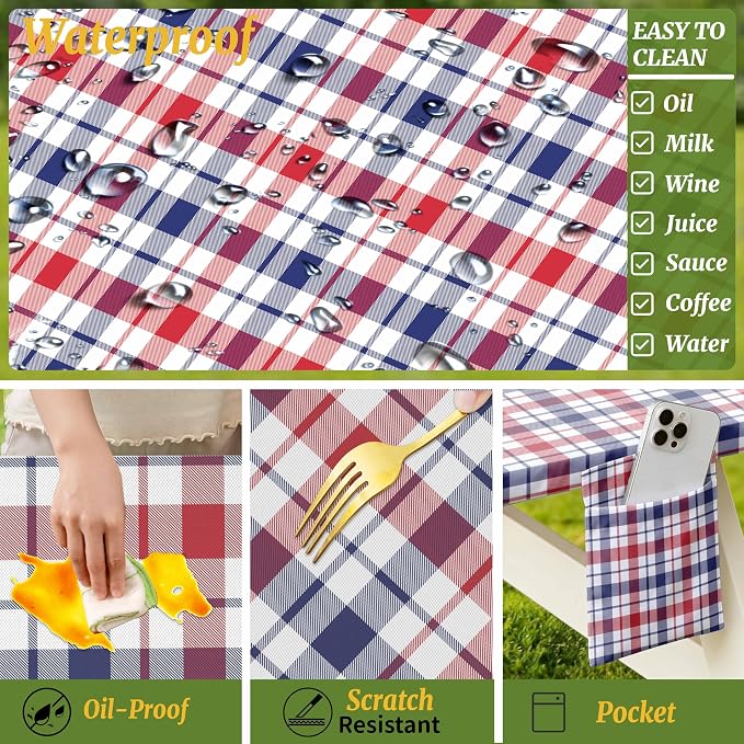 Picnic Table Cover with Bench Covers Elastic,Fitted Table cloths for Rectangle Tables 6 Foot Washable,Waterproof Tablecloth for Outdoor Camping Essentials (Red White Blue Buffalo Plaid, 6 Foot)