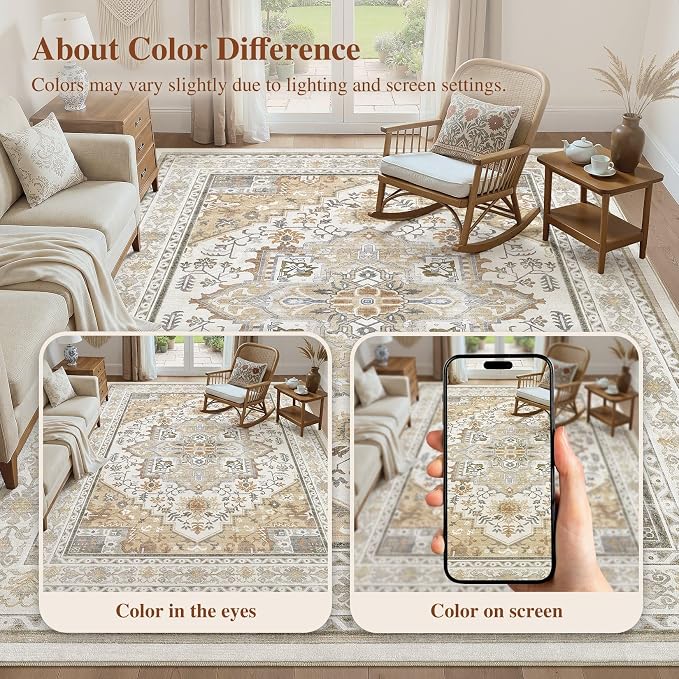UERMEI 8x10 Area Rug for Living Room - Washable Vintage Carpet, Non-Slip Soft Large Indoor Floor Rugs for Bedroom Home Office & Under Dining Table Decor, Brown Beige
