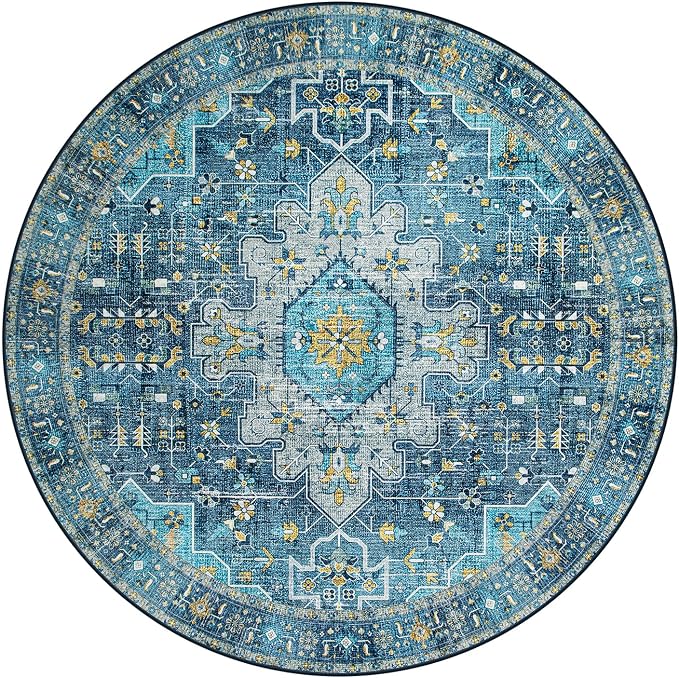 Moynesa Ultra-Thin Washable 5ft Round Rug - Teal 5x5 Circle Rugs for Living Room, Vintage Dining Room Mat Stain Resistant Nursery Carpet for Bedroom Mudroom Kitchen Apartment Home Office
