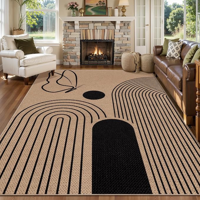 Tangsoo Easy Jute Rug 6x9 Washable Area Rugs for Living Room,Brown Non Slip Indoor Outdoor Carpet,Modern Butterfly Office Mat for Backyard Dining Room Bedromm Patio Home Decor