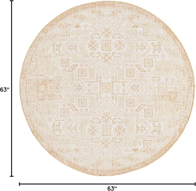 Unique Loom Outdoor Aztec Collection Area Rug - Coba (5' 3" Round, Natural/ Ivory)
