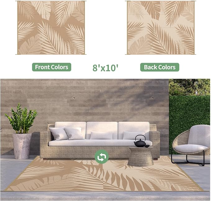 GENIMO Outdoor Rug 8' x 10' Waterproof for Patios Clearance, Reversible Outdoor Plastic Straw Camping Rug Carpet, Large Area Rugs Mats for RV, Camper, Deck, Balcony, Porch, Beach, Picnic, Brown&Beige