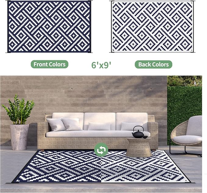 GENIMO Outdoor Rug for Patio Clearance,6'x9' Waterproof Mat,Reversible Plastic Camping Rugs,Rv,Deck,Porch,Camper,Balcony,Backyard (Navy Blue & White)