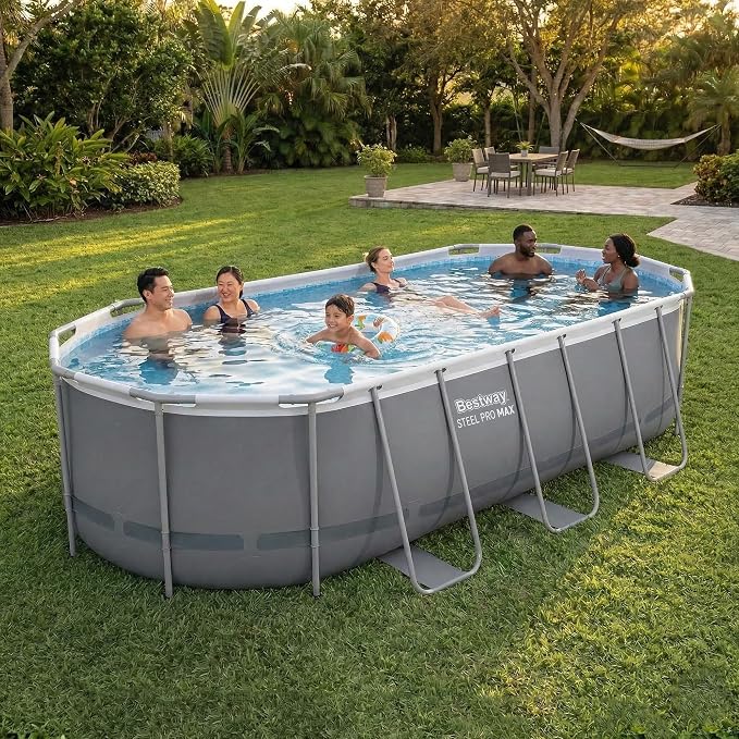 Bestway Steel Pro MAX 18' x 9' x 48" Above Ground Pool Set with Pump | Durable Oval Metal Frame Outdoor Backyard Swimming Pool, Puncture-Resistant Liner - Ladder and Cover Included, Gray