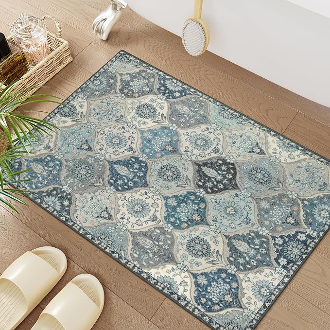 Lahome Moroccan Trellis Front Door Mat Indoor Entrance, 2x3 Rugs for Entryway Non-Slip Washable Indoor Door Mat, Oriental Accent Small Rug for Kitchen Bedroom Bathroom Elise, Blue