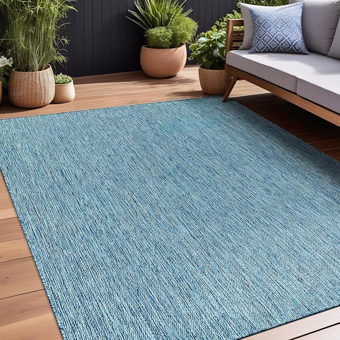 Beverly Rug Indoor Outdoor Rug 10x14, Washable Outside Carpet for Patio, Deck, Porch, Solid Modern Area Rug, Water Resistant, Aqua Blue