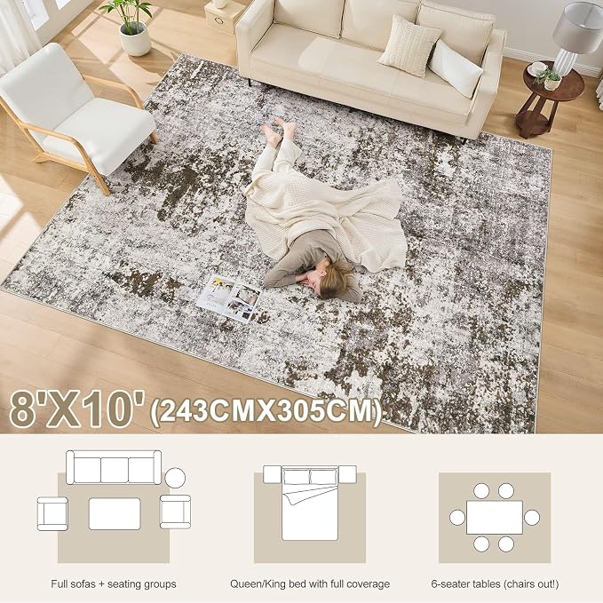DMOYEST 8x10 Area Rug for Living Room Washable Abstract Indoor Carpet | Neutral Modern Low Pile Rugs Kid & Pet Friendly Large Soft Thin Carpet for Bedroom Dining Room - Dark Brown