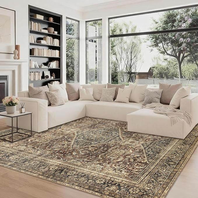 Washable 9x12 Area Rug: Vintage Brown Rugs for Living Room Bedroom Dining Room Office Indoor - Soft Non-Slip Large Carpet Home Decor - Oriental Dark Brown
