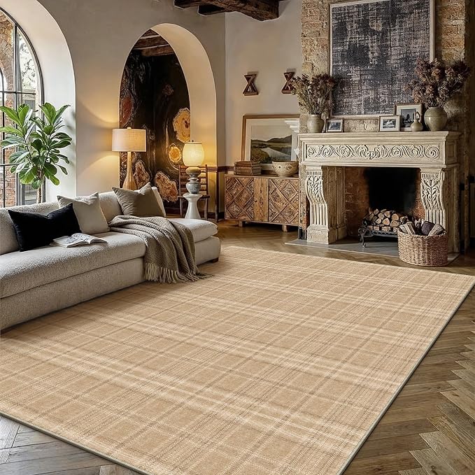 9x12 Brown Plaid Living Room Area Rug | Washable, Low Pile, Modern, Neutral, Soft, Non Slip, Rug for Bedroom Dining Room Nursery Office Indoor Home Decor