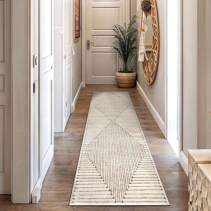 Rugshop Abstract Line Pattern Neutral Decor Runner Rug Beige 2' 3" x 8' | Size 2' 3" x 8', Living Room, Bedroom, Dining Room, Home Office, Kitchen, Entryway, Hallway, Nursery, Kids Room, Guest Room