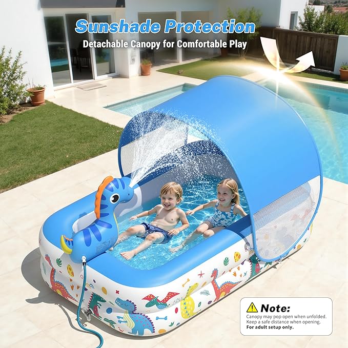 JOSEN Dinosaur Kiddie Pool with Canopy and Sprinkler, Inflatable Baby Pool with Soft Cushioned Floor, Portable Toddler Blow Up Pool Ball Pit for Backyard, Outdoor/Indoor Play Toys