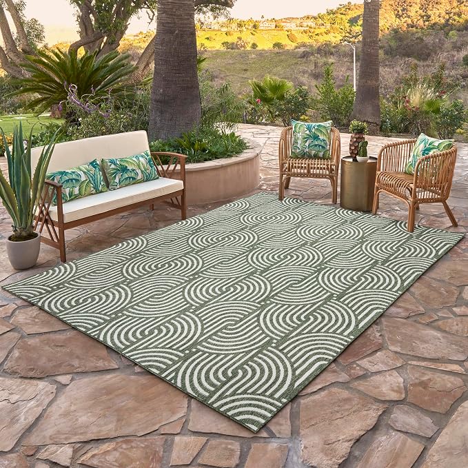 Gertmenian Indoor Outdoor Modern Area Rug - 5x7 Standard, Fade Resistant, Ideal for High Traffic in Living Room, Bedroom, Patio - Geometric, Dk. Green, 25541