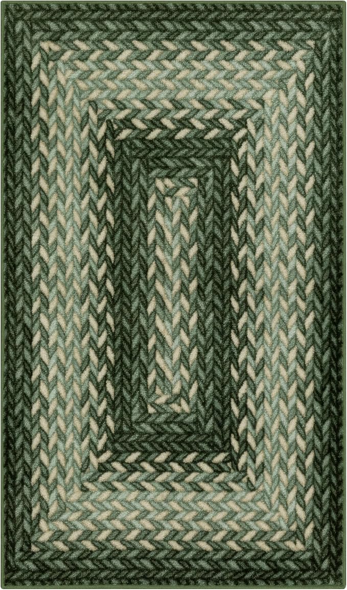Maples Rugs Marion Bohemian Braided-Style Print Area Rug – Made in USA – Washable, Non-Slip Low-Profile Indoor Throw Rug for Foyer, Kitchen & Bathroom, 34" x 20", Green