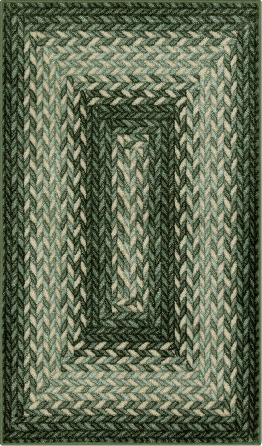 Maples Rugs Marion Bohemian Braided-Style Print Area Rug – Made in USA – Washable, Non-Slip Low-Profile Indoor Throw Rug for Foyer, Kitchen & Bathroom, 34" x 20", Green