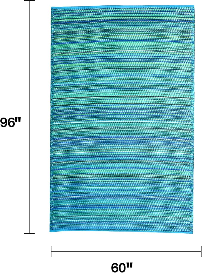 Fab Habitat Outdoor Rug - Waterproof, Fade Resistant, Crease-Free - Premium Recycled Plastic - Striped - Patio, Porch, Deck, Balcony, Sunroom - Cancun - Turquoise & Moss Green - 5 x 8 ft