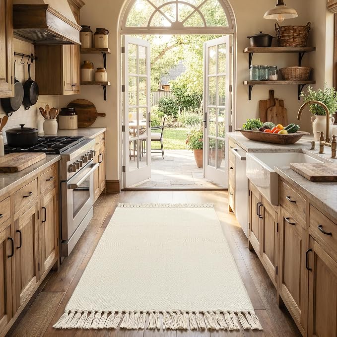 Washable Area Rug 3' x 5', Modern Woven Kitchen Rugs, White/Beige Braided Rug Indoor Door Mat Throw Carpet for Entryway Living Room Nursery Mudroom Laundry Room | Cotton Blend Hand-Woven Bedside Rug, Farmhouse Braided Indoor Door Mat, Reversible Throw ...